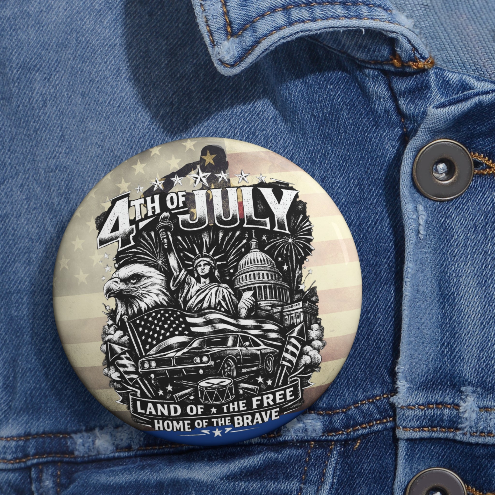 4th of July Pin Button — USA Flag, Eagle & Statue of Liberty Badge
