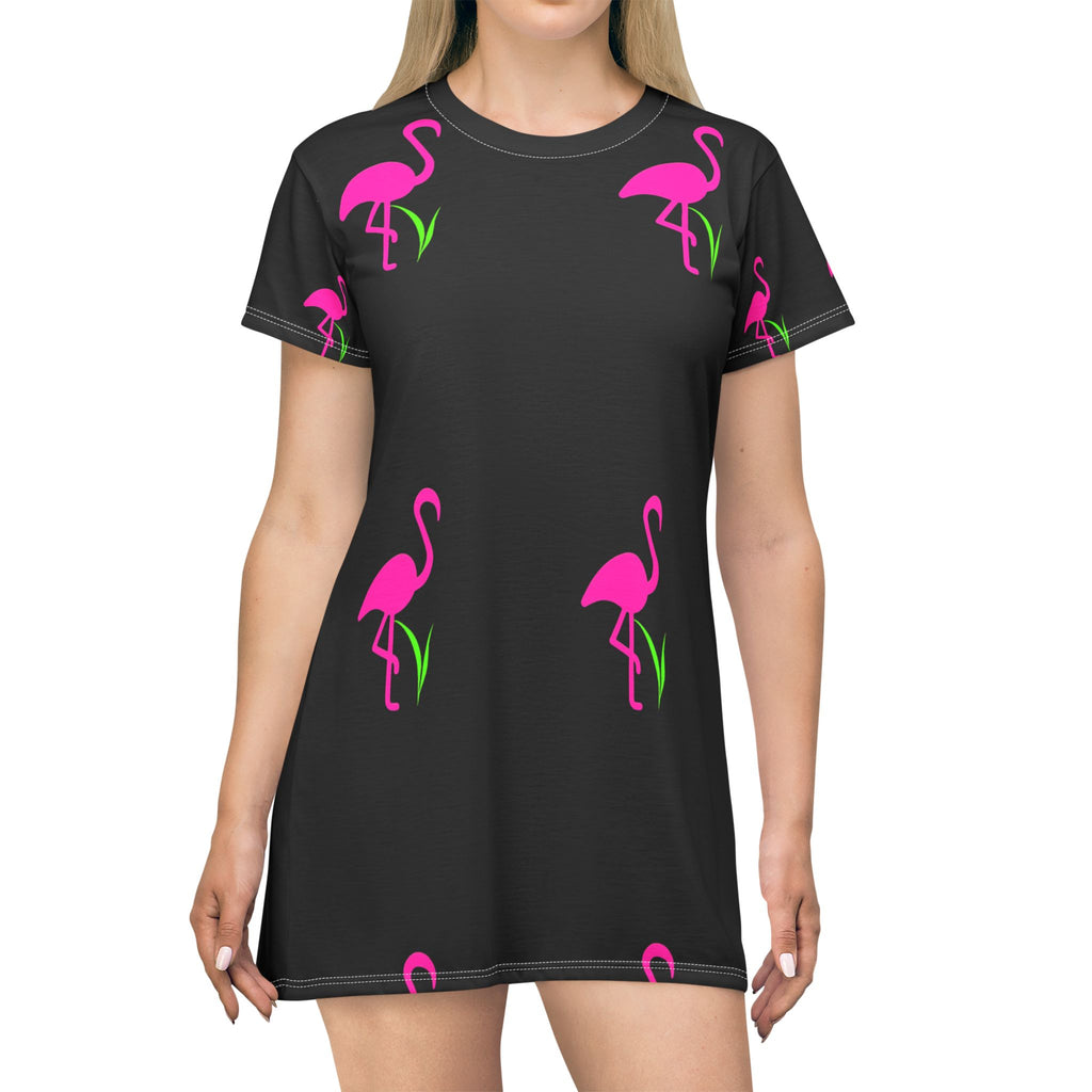 Flamingo Print T-Shirt Dress, Casual Summer Dress, Fun Beach Wear, Gift for Her, Relaxed Fit Dress