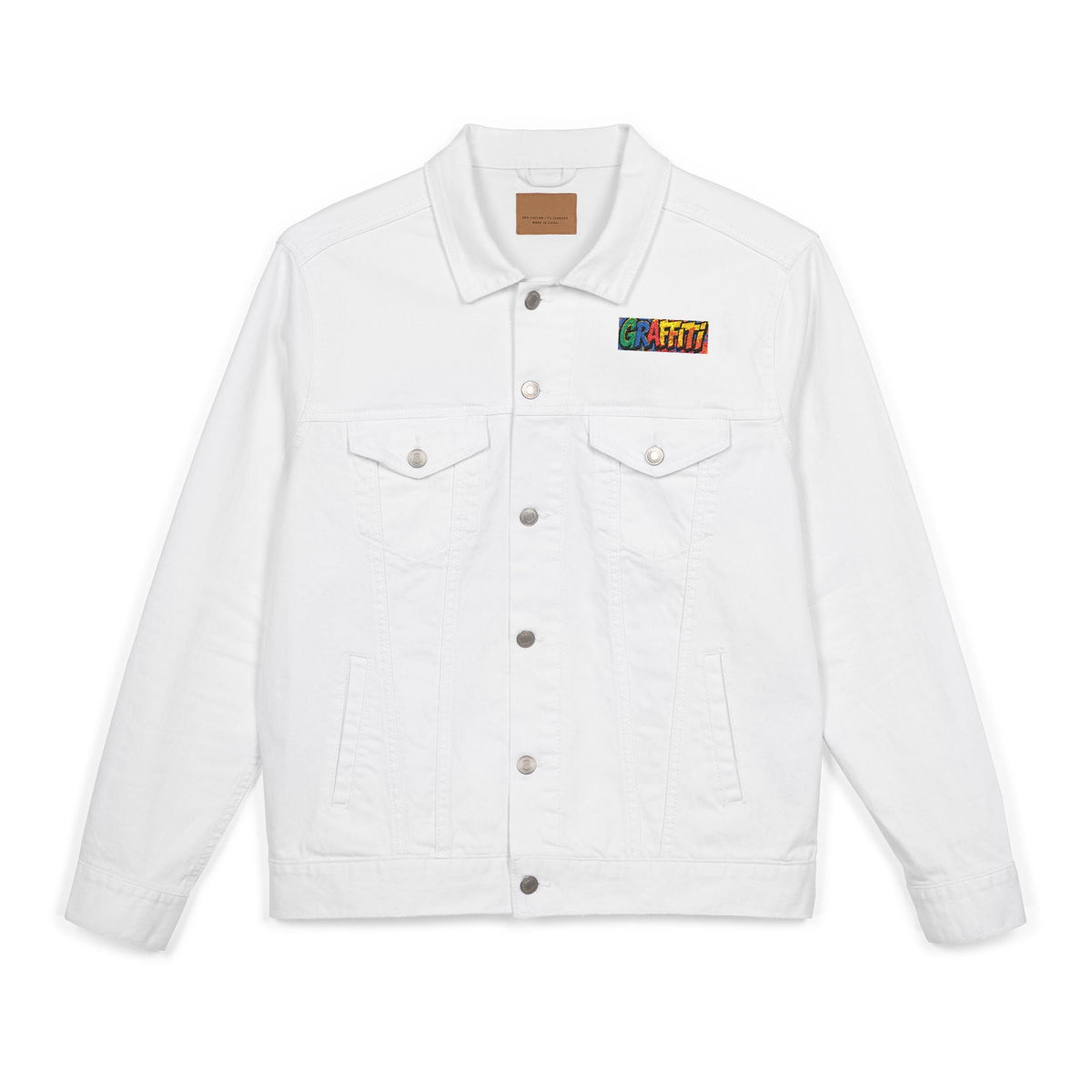 Vibrant Graffiti Embroidered Unisex Denim Jacket, Streetwear Fashion, Summer Layering, Gift for Teens, Casual Style Outfit Printify