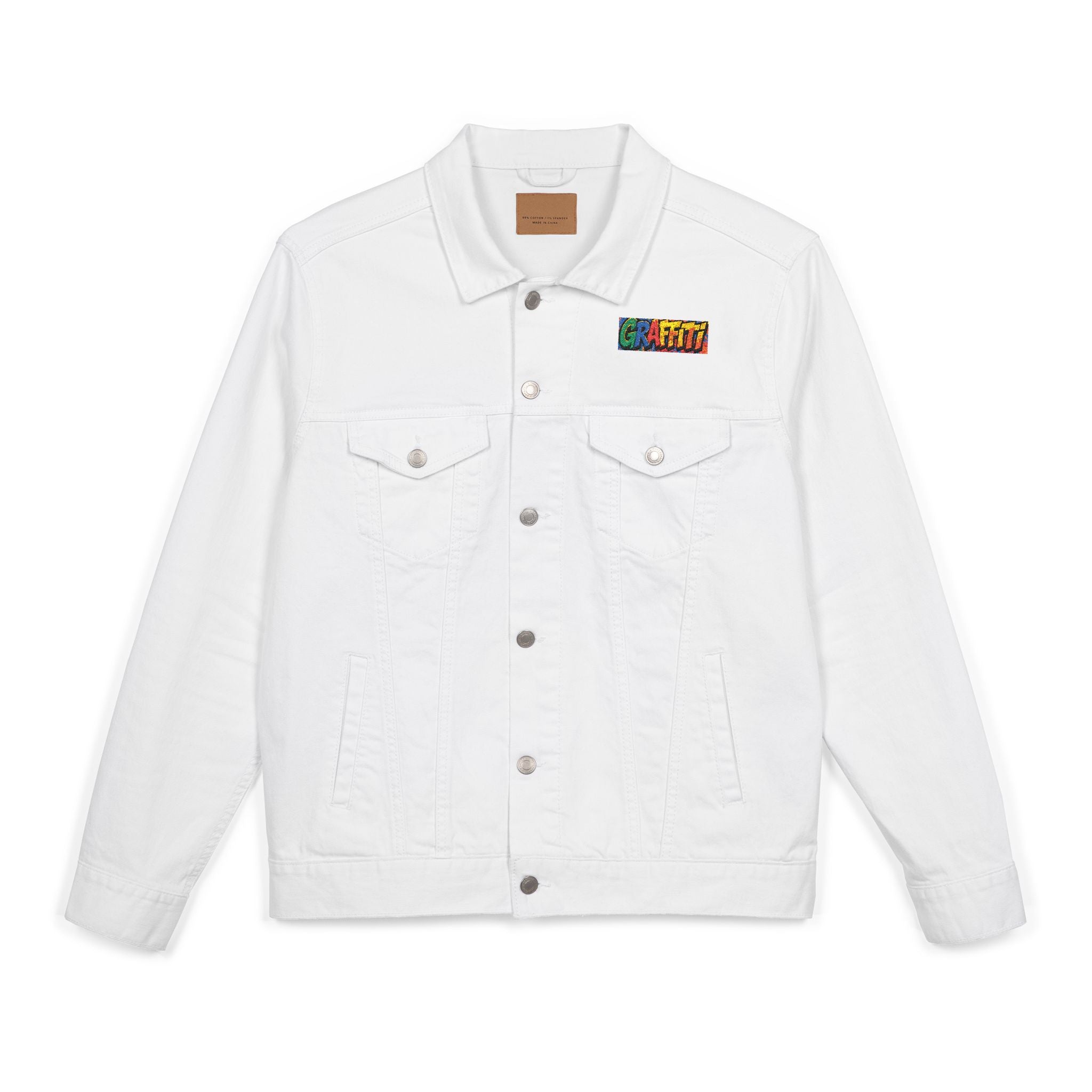 Vibrant Graffiti Embroidered Unisex Denim Jacket, Streetwear Fashion, Summer Layering, Gift for Teens, Casual Style Outfit Printify