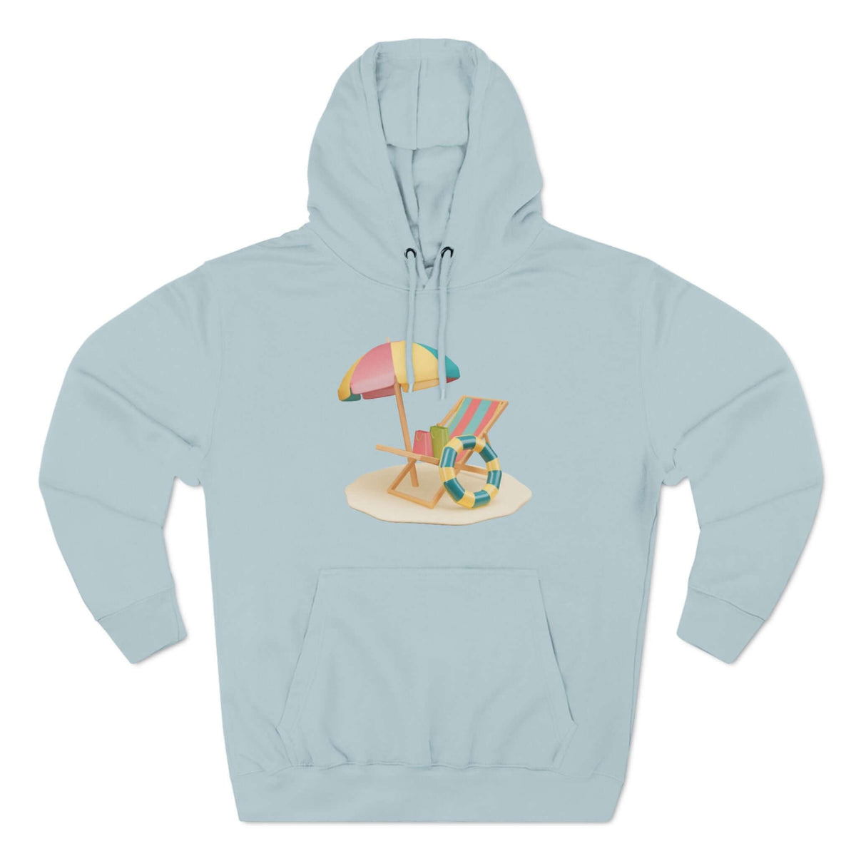 Light blue hoodie featuring a beach scene with an umbrella and lounge chair design. Ideal for casual comfort and relaxation.