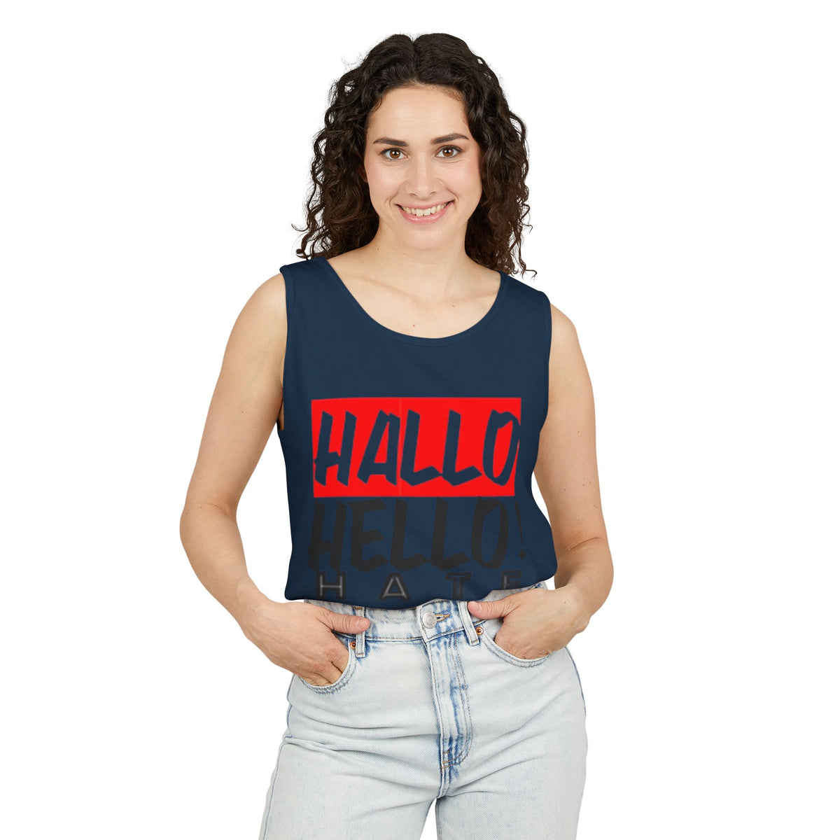 Unisex Garment-Dyed Tank Top - 'Hallo Hello Hate Less' Graphic Tee for Positive Vibes