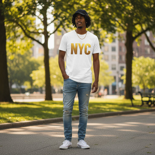 NYC Gold Foil Unisex T-Shirt, Trendy NYC Graphic Tee, Casual Urban Wear, Perfect Gift for Travelers, Stylish Streetwear, Birthday or Holiday Printify