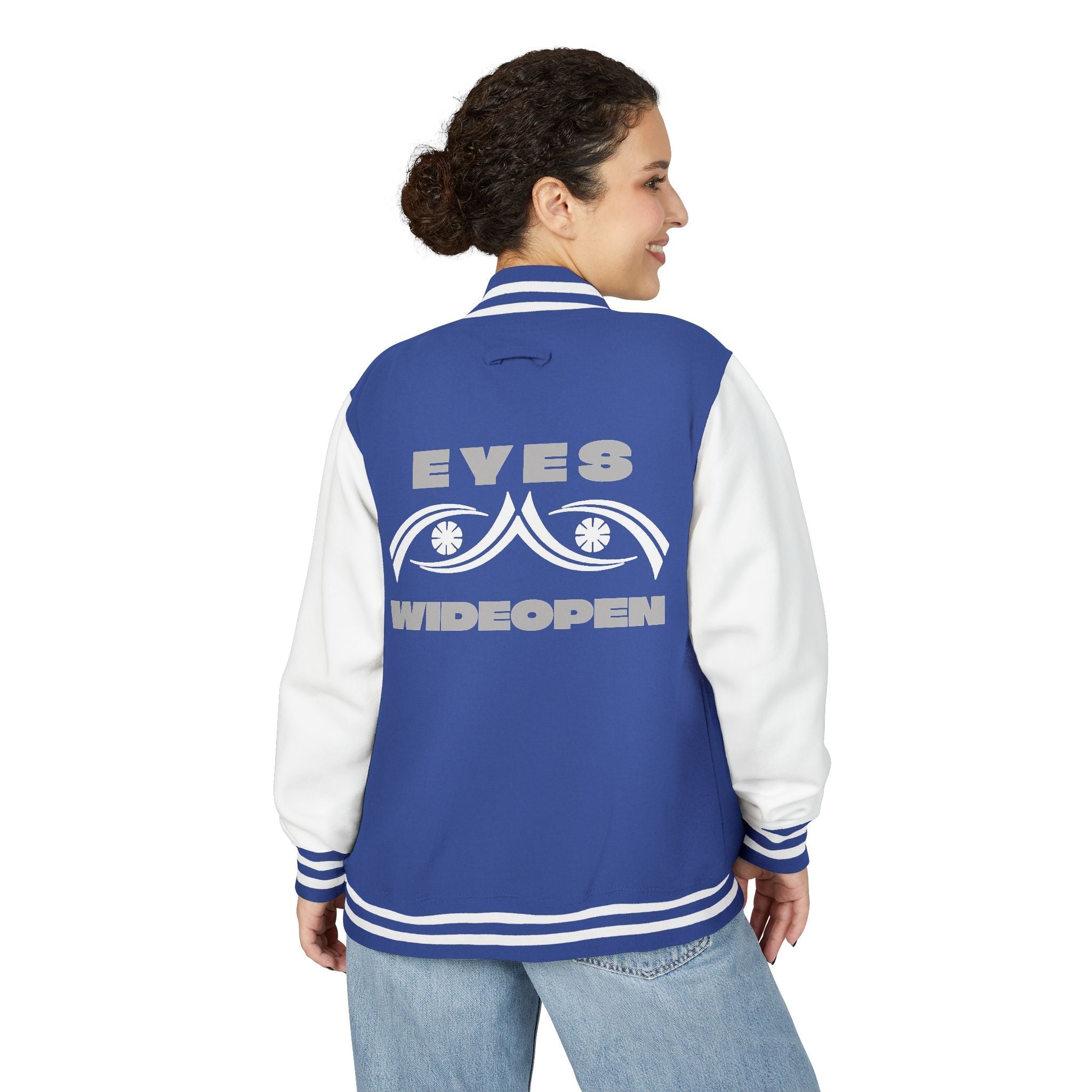 Unisex Heavyweight Letterman Jacket - Eyes Wide Open, Cozy Stylish Outerwear, Great for Game Days, Unique Gift for Teens, Trendy [...] Printify