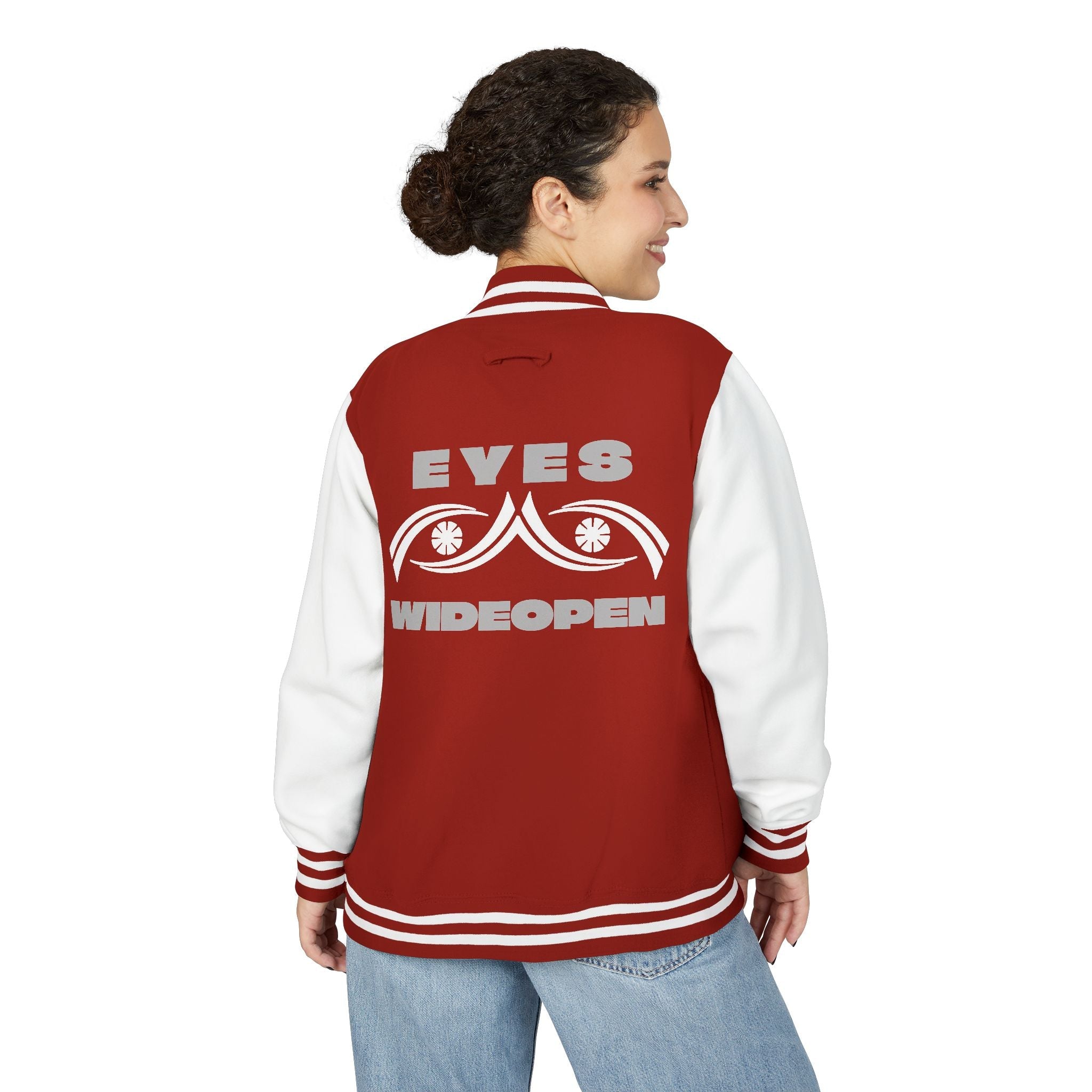 Unisex Heavyweight Letterman Jacket - Eyes Wide Open, Cozy Stylish Outerwear, Great for Game Days, Unique Gift for Teens, Trendy [...] Printify