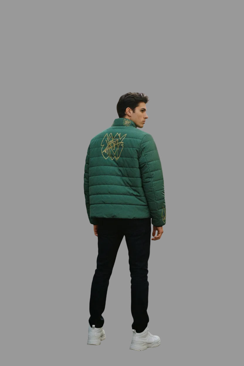 Green Women's Puffer Jacket with Subtle Gold Emblem — Lightweight Quilted Outerwear