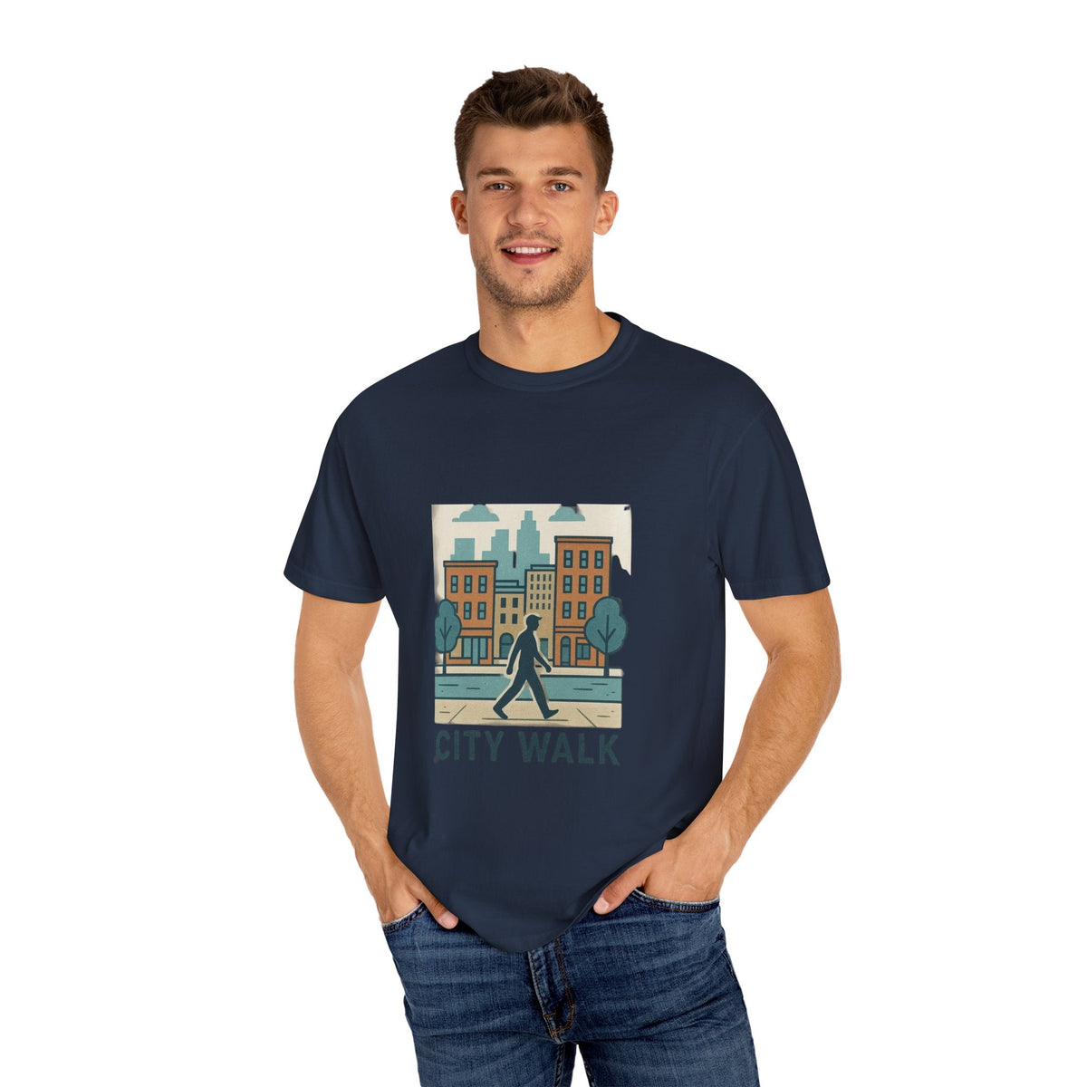 City Walk Unisex Garment-Dyed T-shirt, Urban Streetwear, Casual Fashion, Gift for City Lovers, Travel Enthusiast Apparel Printify