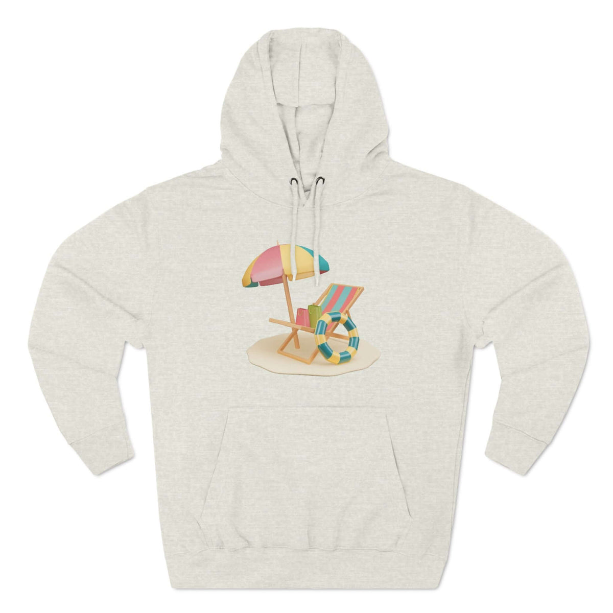 Cozy gray hoodie featuring a beach chair and umbrella design, perfect for a relaxed summer vibe.