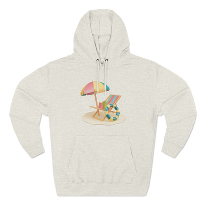 Cozy gray hoodie featuring a beach chair and umbrella design, perfect for a relaxed summer vibe.