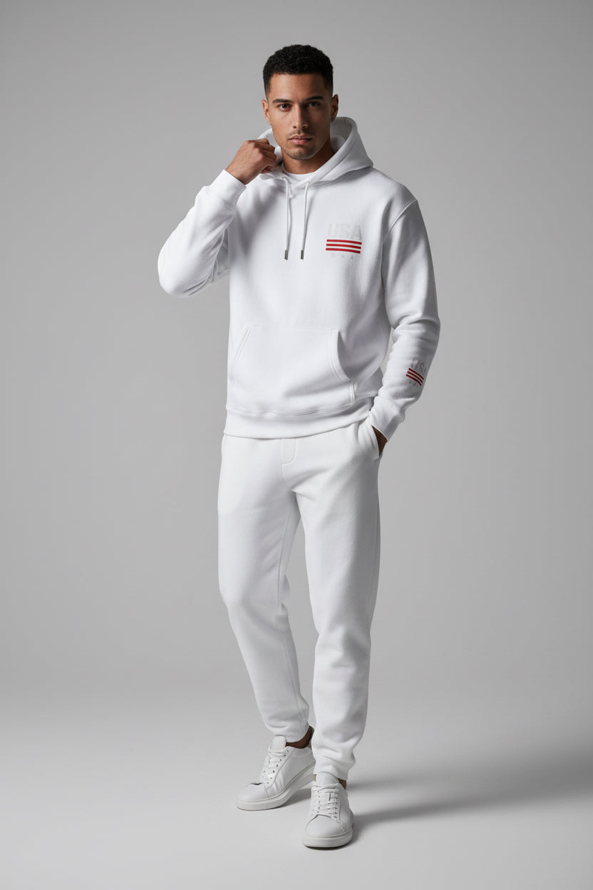 USA Minimal Flag Hoodie — Patriotic White Pullover