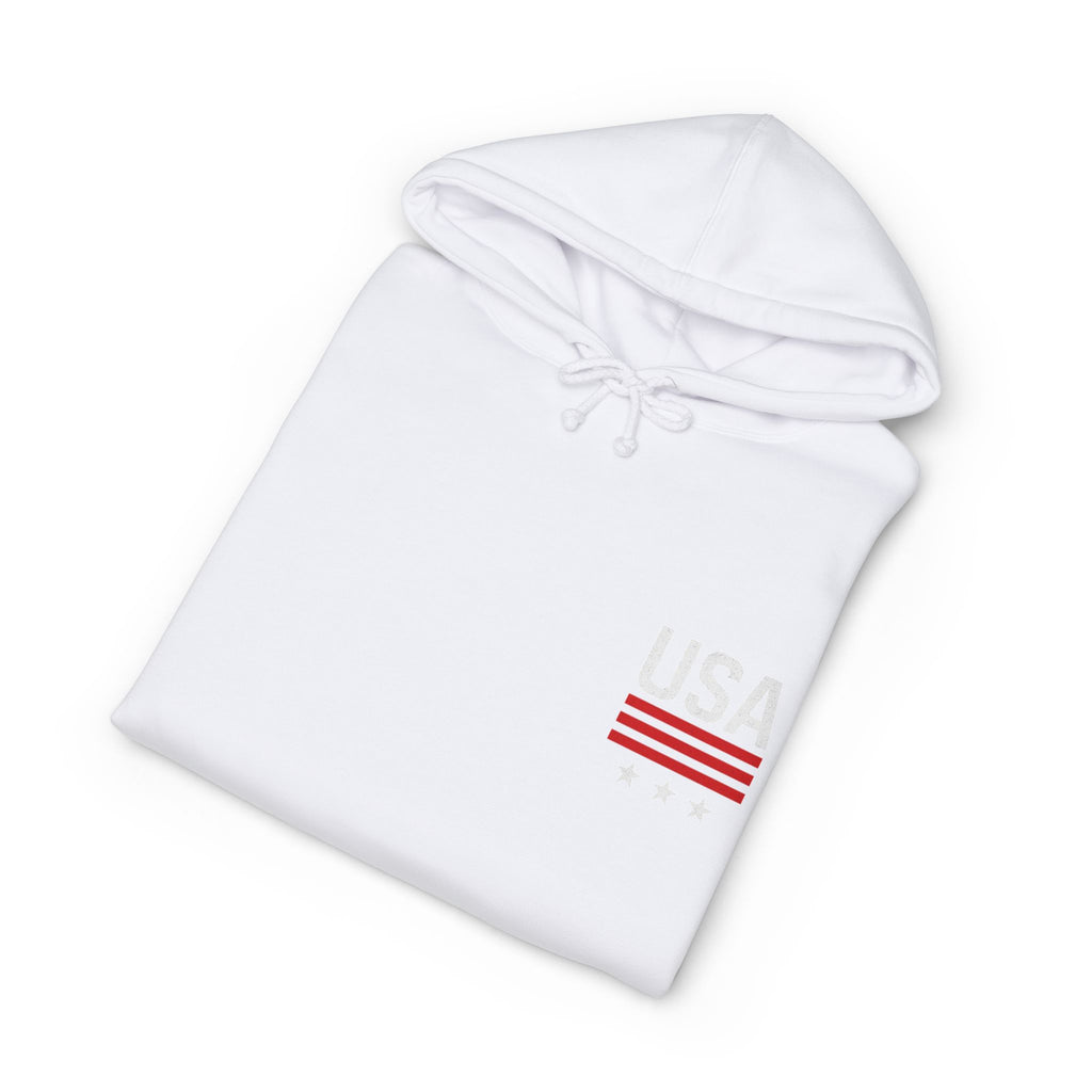 USA Minimal Flag Hoodie — Patriotic White Pullover