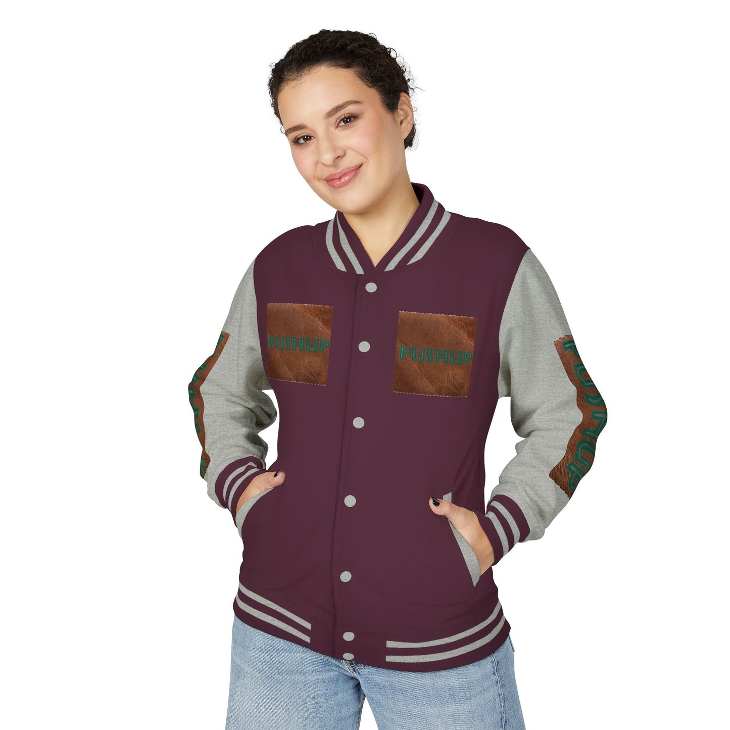 Unisex Heavyweight Letterman Jacket - Bold PUSHUP Design for Sporty Style Printify