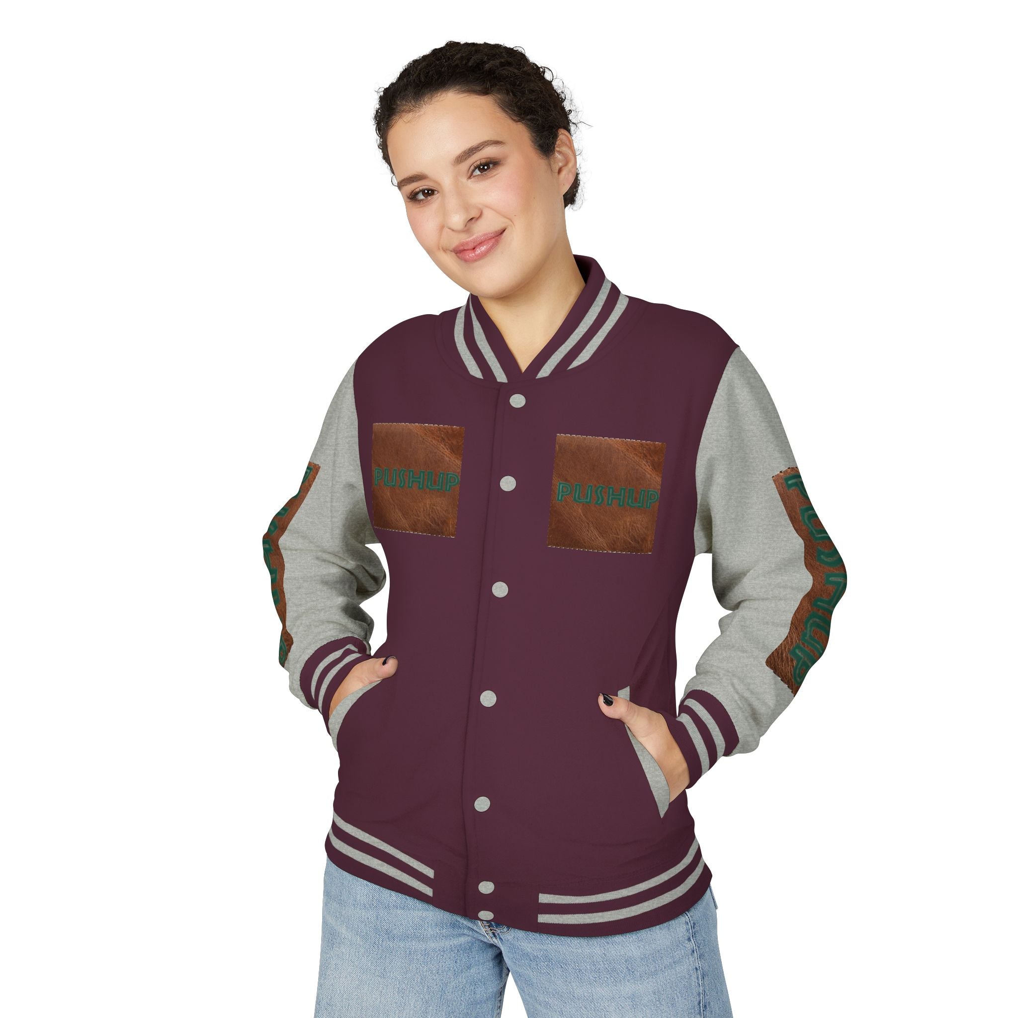 Unisex Heavyweight Letterman Jacket - Bold PUSHUP Design for Sporty Style Printify
