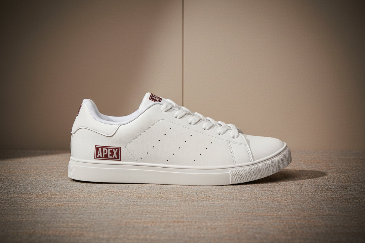 Men's Low-Top Leather Sneakers — Clean White Casual Trainers with APEX Logo