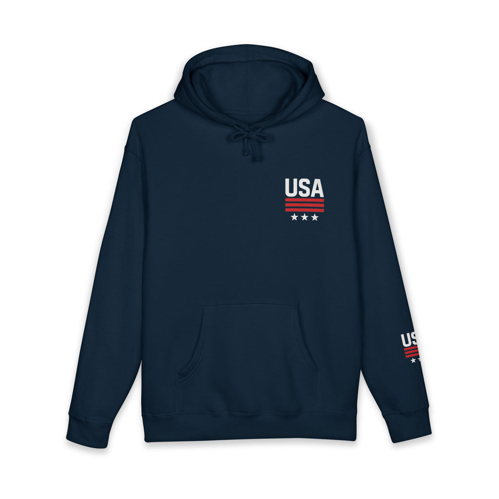 USA Minimal Flag Hoodie — Patriotic White Pullover