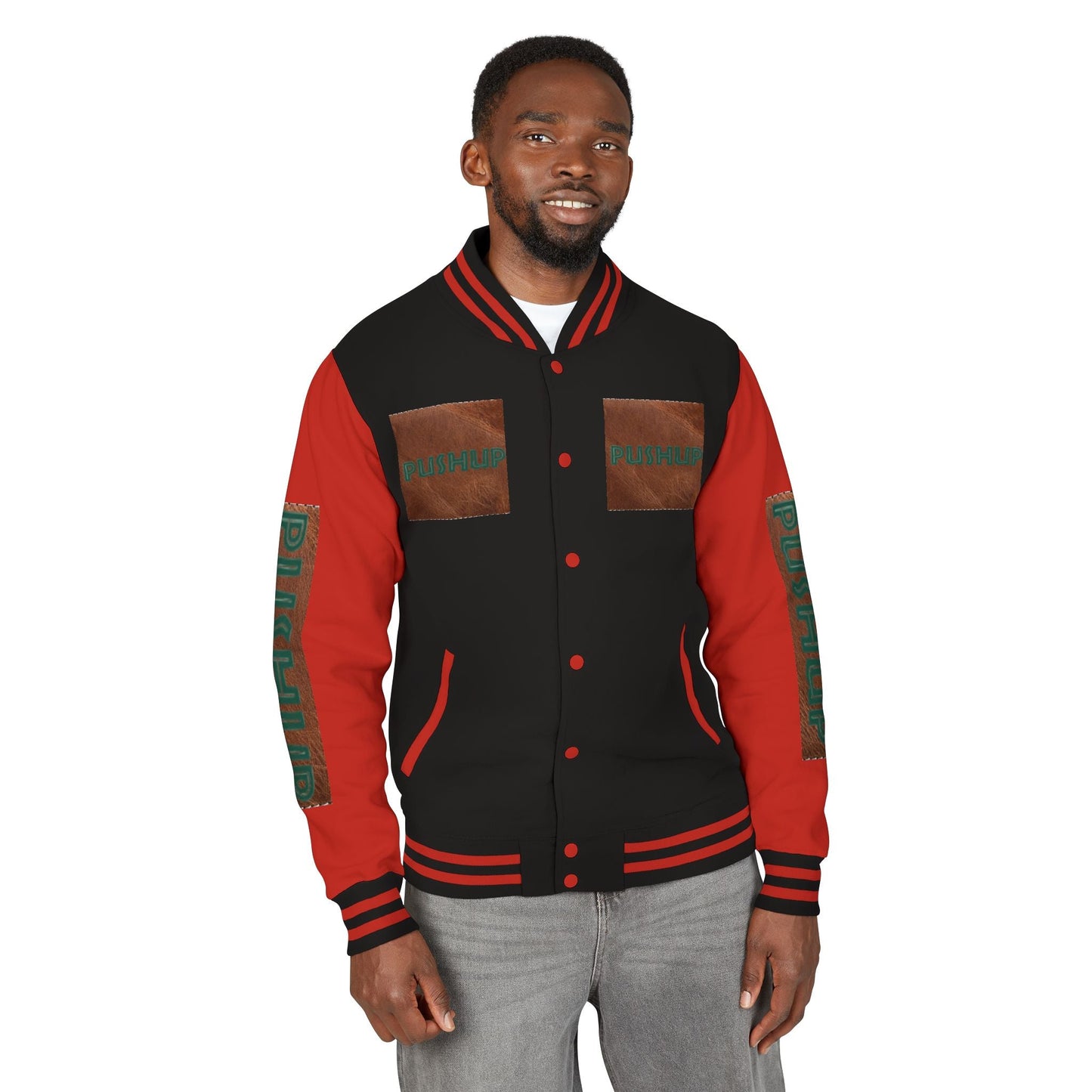 Unisex Heavyweight Letterman Jacket - Bold PUSHUP Design for Sporty Style Printify