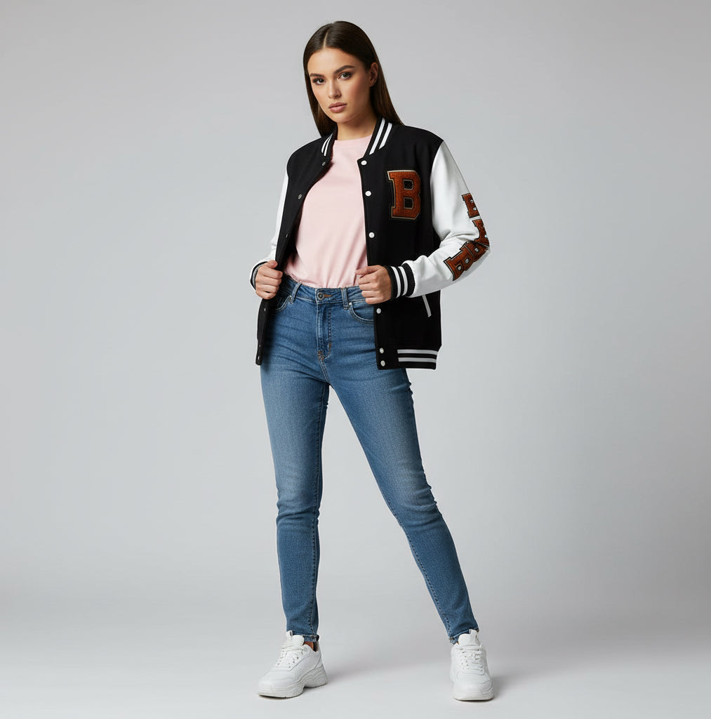 Varsity Letterman Jacket – Retro 'B' Patch Sleeve Design Printify