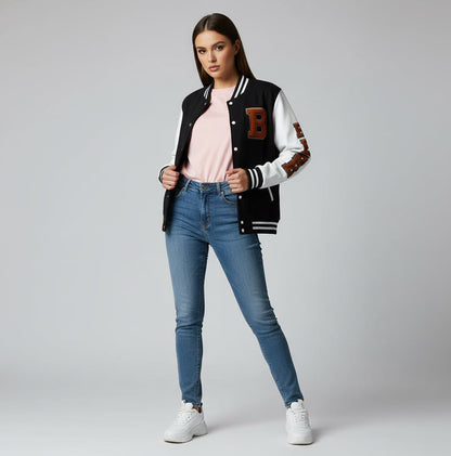 Varsity Letterman Jacket – Retro 'B' Patch Sleeve Design Printify