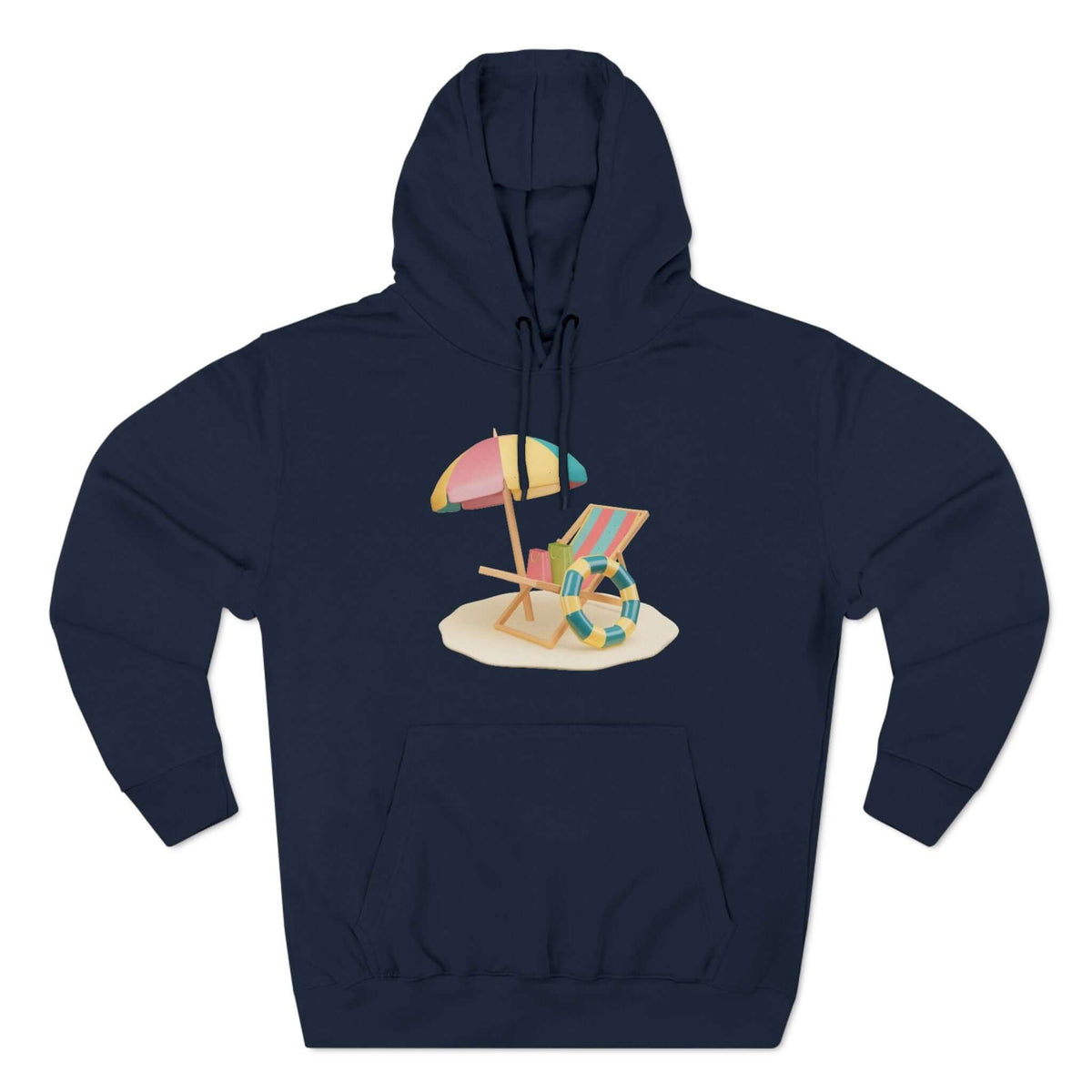 navy Sunny Resort Hoodie featuring a beach chair and umbrella design, perfect for a cozy, relaxed vibe.