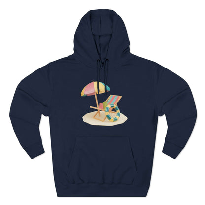 navy Sunny Resort Hoodie featuring a beach chair and umbrella design, perfect for a cozy, relaxed vibe.