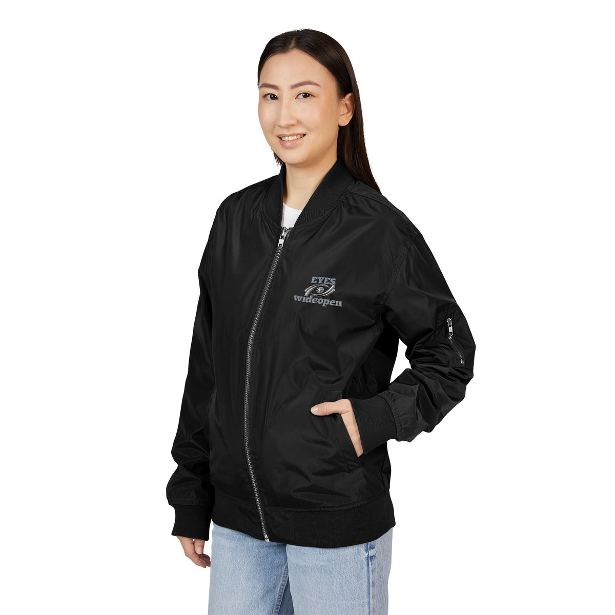 Eco-Friendly Embroidered Bomber Jacket, Stylish Outerwear, Sustainable Fashion, Gift for Her, Trendy Casual Wear, Perfect for Fall Printify