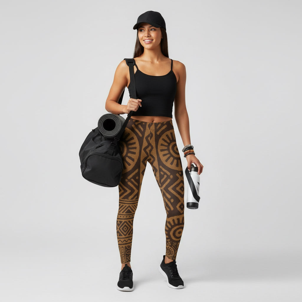 Tribal Brown Aztec Print Leggings — Women's Boho Casual All-Over Print Printify