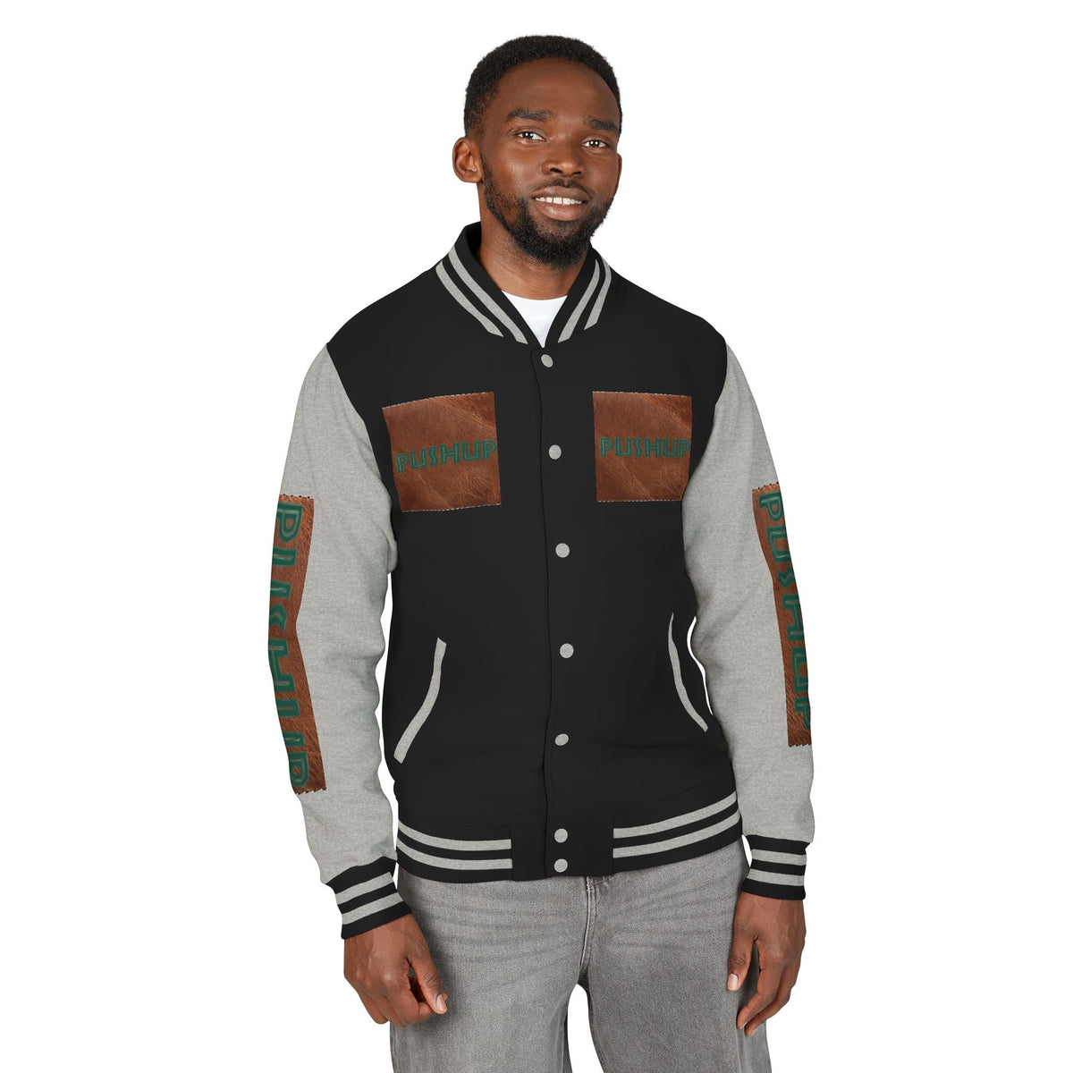 Unisex Heavyweight Letterman Jacket - Bold PUSHUP Design for Sporty Style Printify