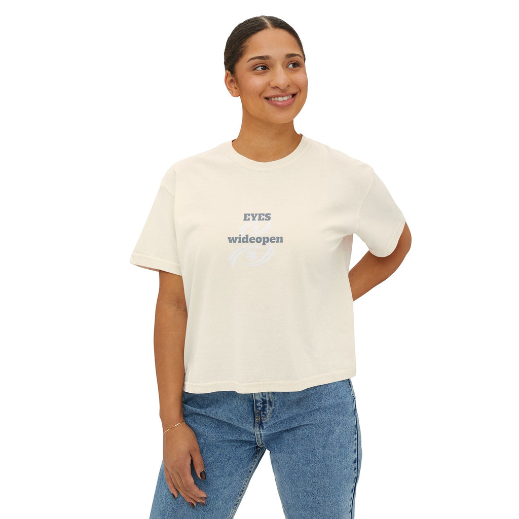 Women's Boxy Tee - 'EYES wideopen' | Casual Tee, Gift for Her, Relaxed Fit Top, Everyday Wear, Trendy Apparel Printify