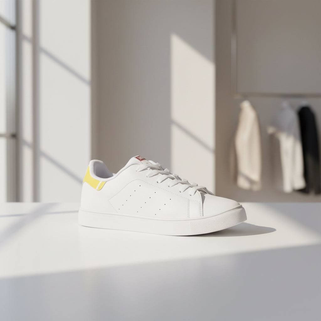 Leather Low-Top Sneakers — Classic White with Yellow Heel Accent