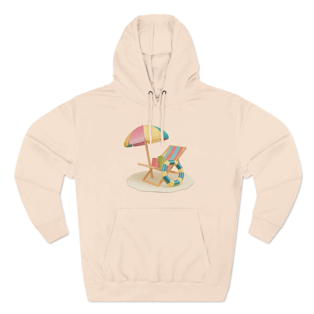 Sunny Resort Hoodie featuring a beach chair and umbrella design for a relaxed, stylish look.
