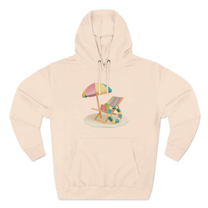 Sunny Resort Hoodie featuring a beach chair and umbrella design for a relaxed, stylish look.