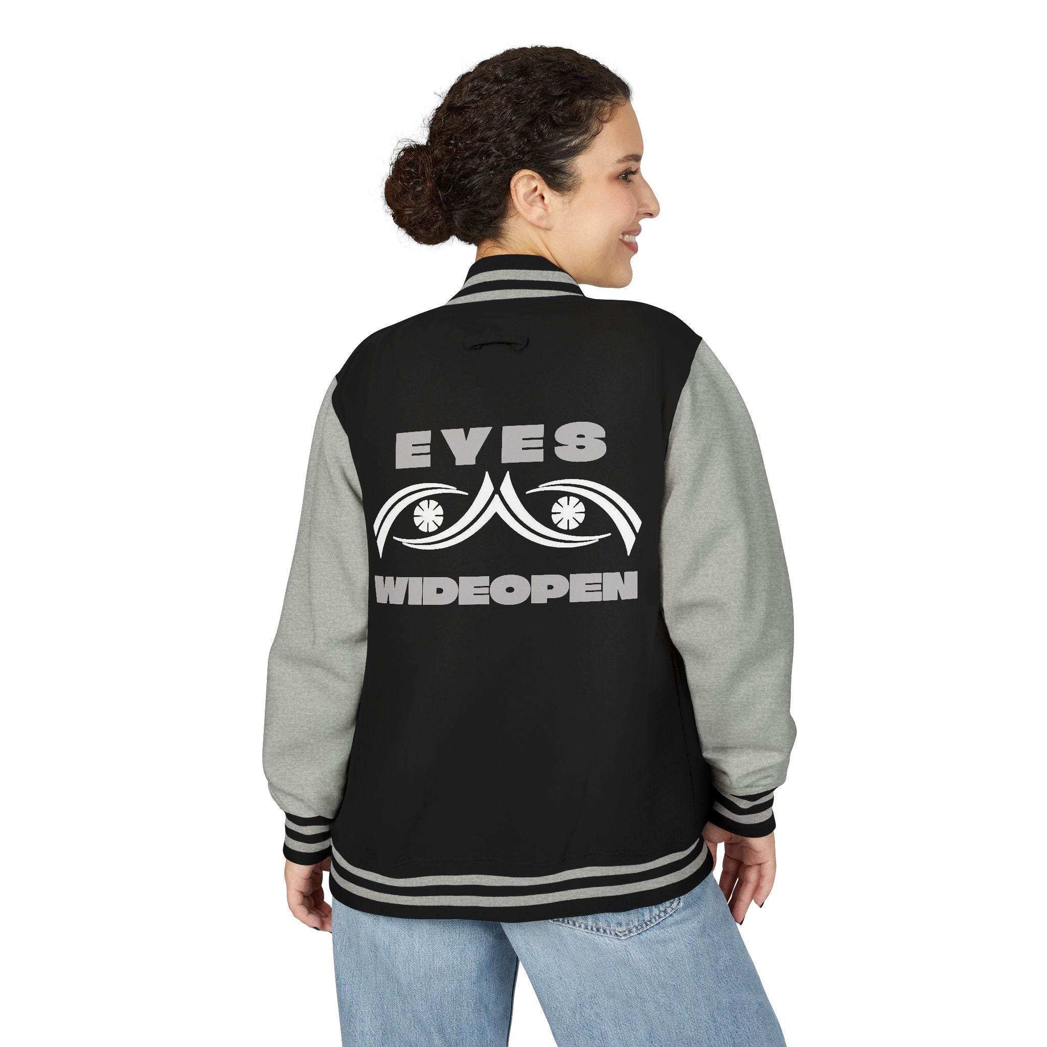 Unisex Heavyweight Letterman Jacket - Eyes Wide Open, Cozy Stylish Outerwear, Great for Game Days, Unique Gift for Teens, Trendy [...] Printify
