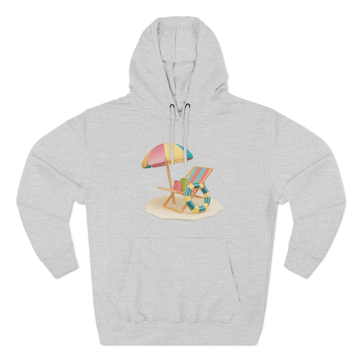 Grey hoodie featuring a beach chair and umbrella graphic, perfect for a relaxed, sunny day vibe.