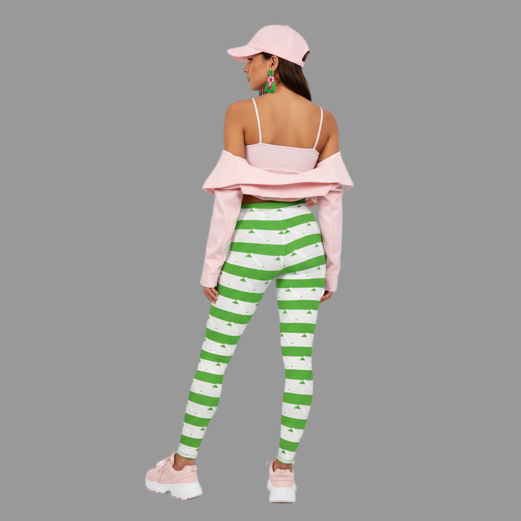 Green Striped Christmas Tree Leggings — Holiday Women’s All-Over Print Printify