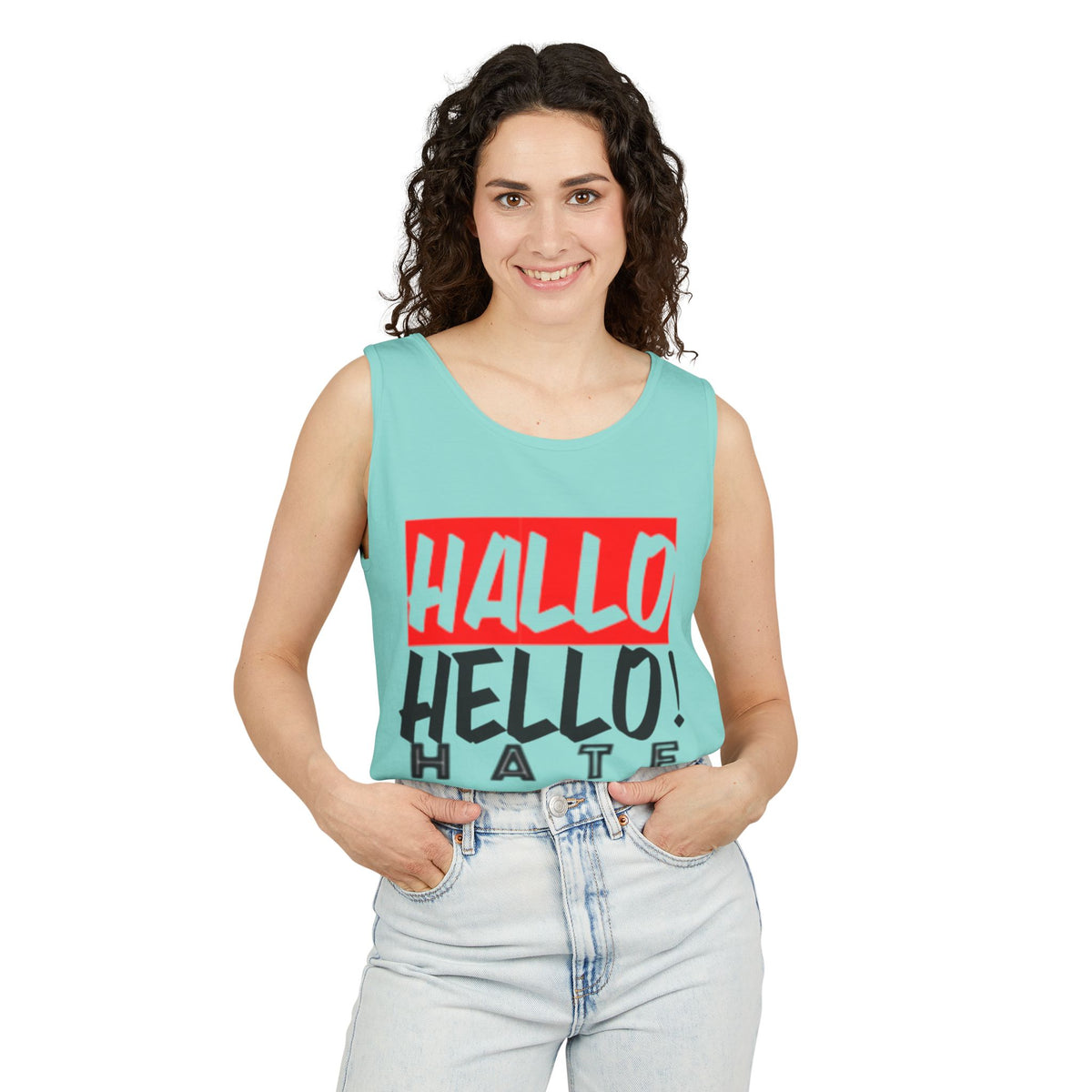Unisex Garment-Dyed Tank Top - 'Hallo Hello Hate Less' Graphic Tee for Positive Vibes