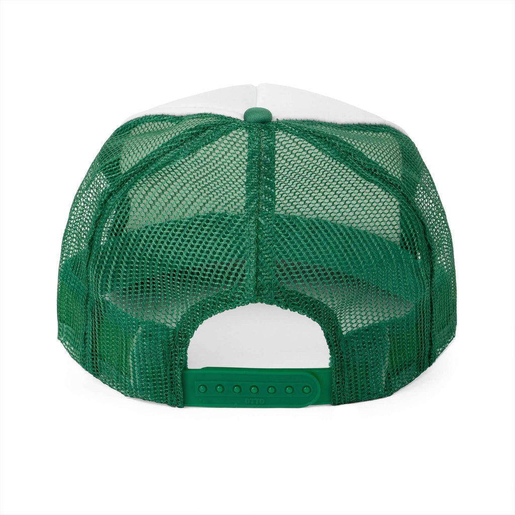 Back view of RC'nSONS Sunny Resort green trucker cap showcasing mesh design and adjustable strap.