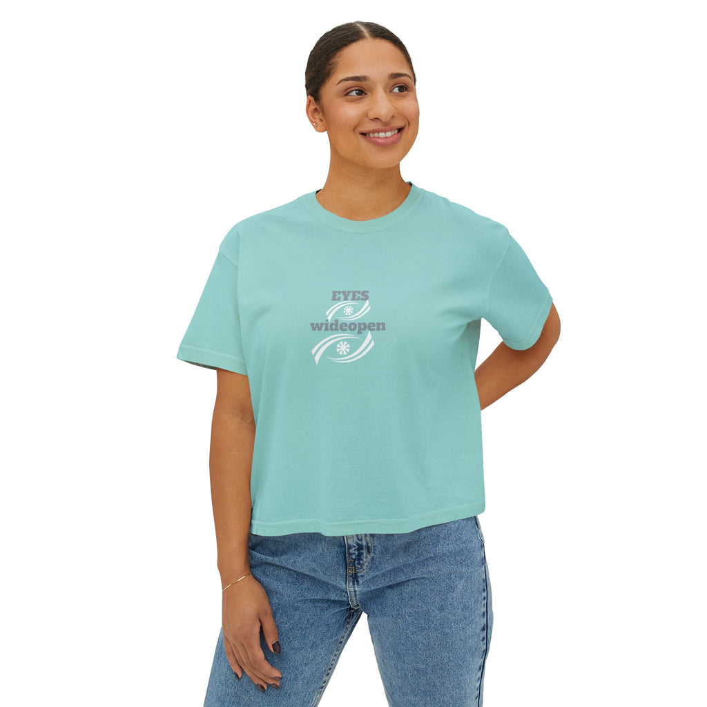 Women's Boxy Tee - 'EYES wideopen' | Casual Tee, Gift for Her, Relaxed Fit Top, Everyday Wear, Trendy Apparel Printify