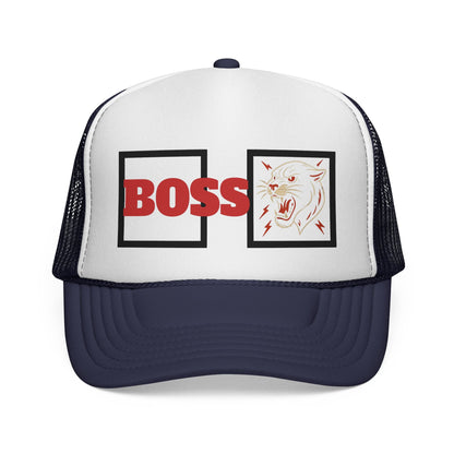 Bold Boss Trucker Cap - Eye-Catching Statement Hat for Leaders, Cool Gifts for Him & Her, Fun Outdoor Style, 'Boss' Design Printify