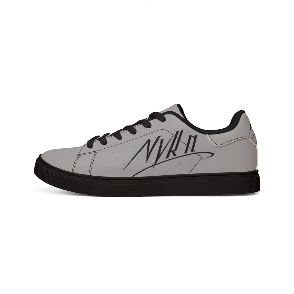 Leather Low-Top Sneakers — Minimal Gray Casual Shoes with Script Accent
