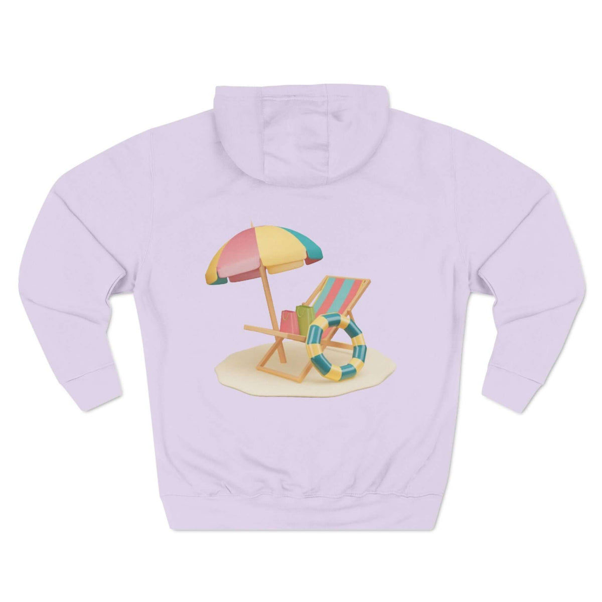 Sunny Resort Hoodie with colorful beach umbrella and lounge chair design on a soft purple background.
