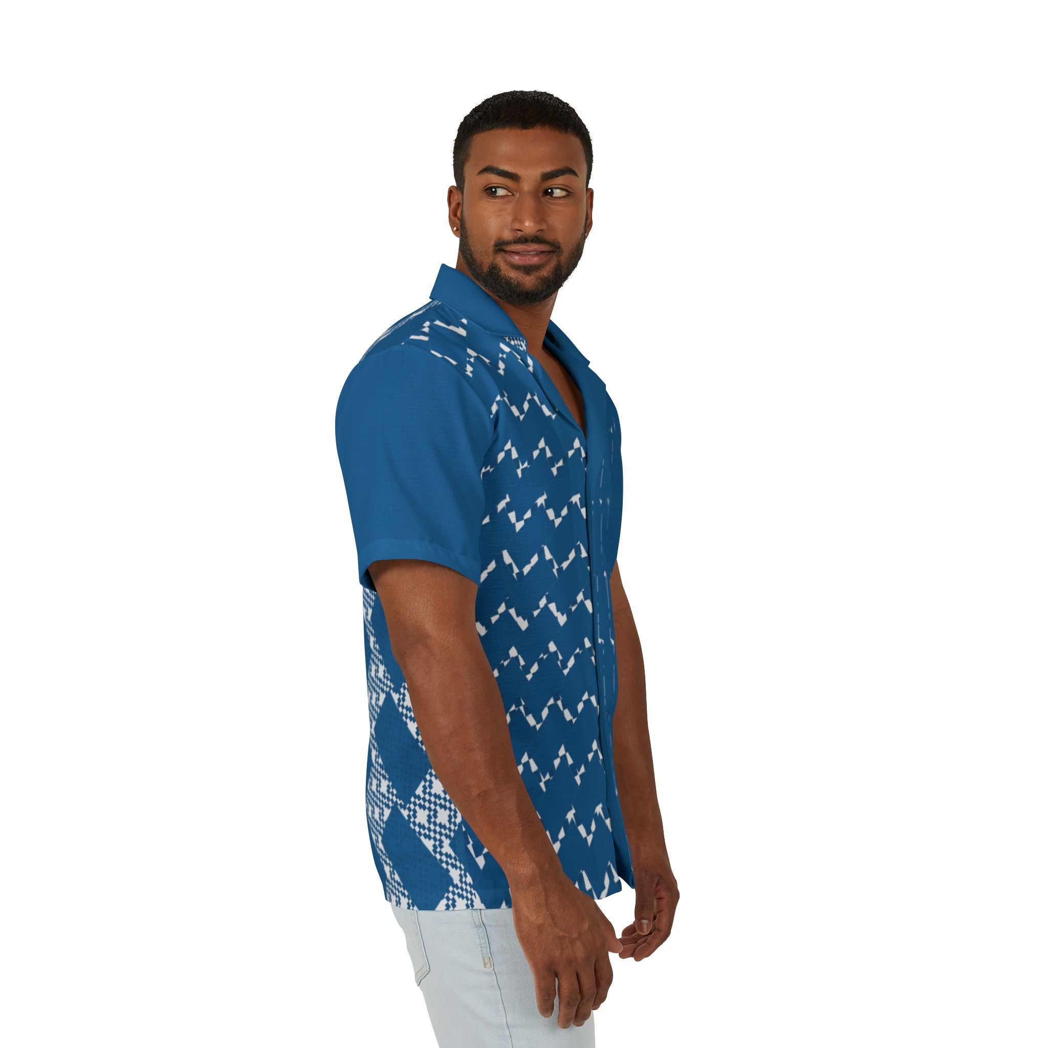 Camp Shirt, Blue Patterned Summer Shirt, Vacation Wear, Beach Style, Casual Outdoor Shirt, Luau Attire