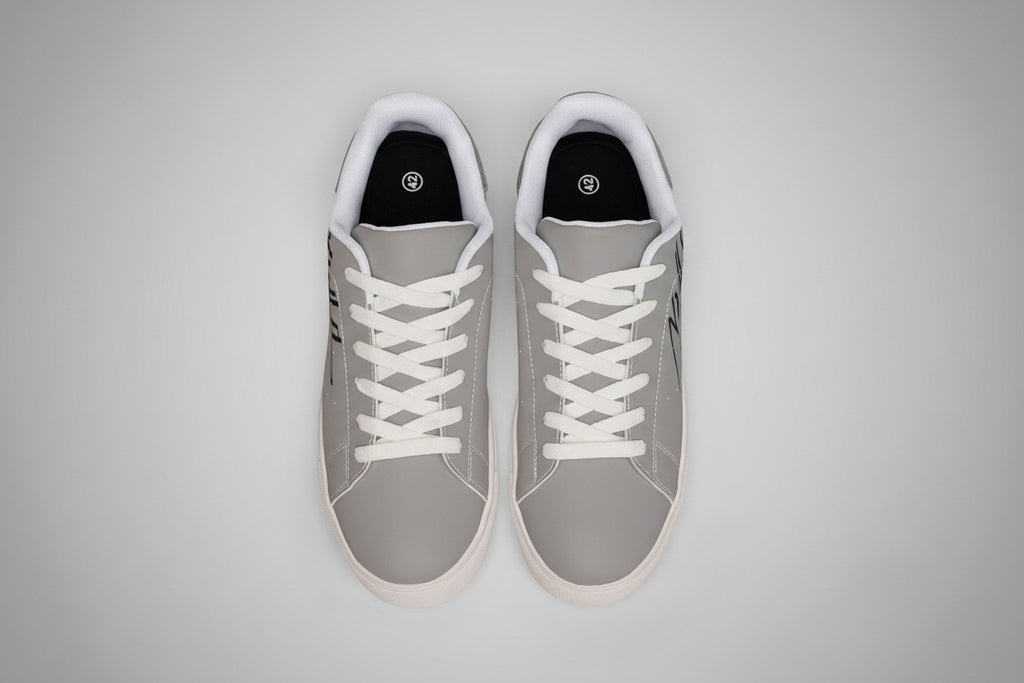 Leather Low-Top Sneakers — Minimal Gray Casual Shoes with Script Accent