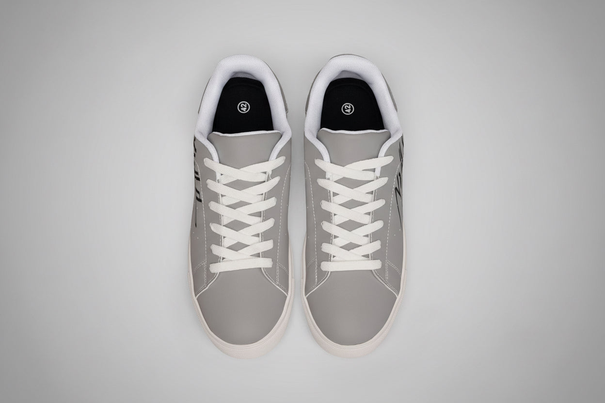 Leather Low-Top Sneakers — Minimal Gray Casual Shoes with Script Accent