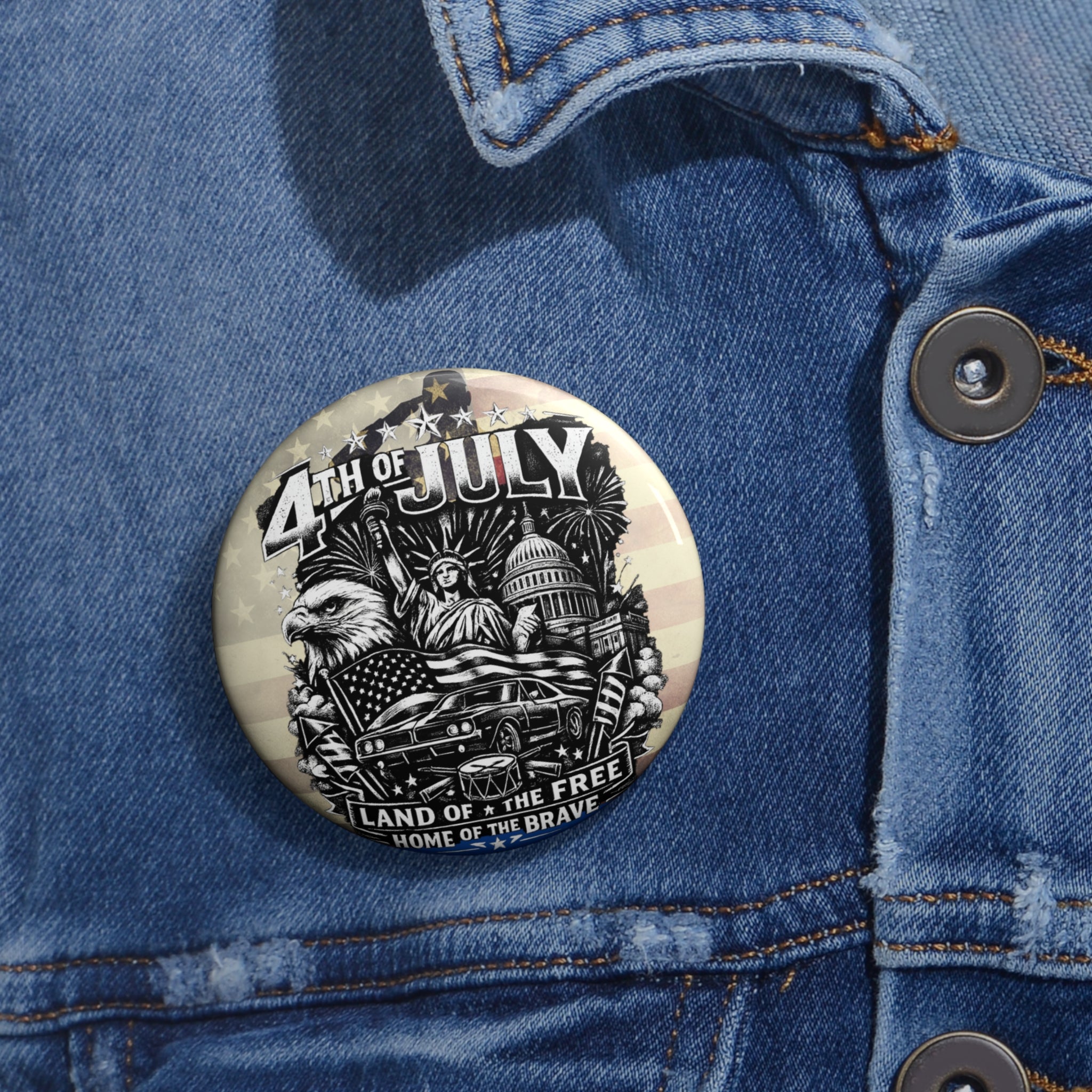 4th of July Pin Button — USA Flag, Eagle & Statue of Liberty Badge