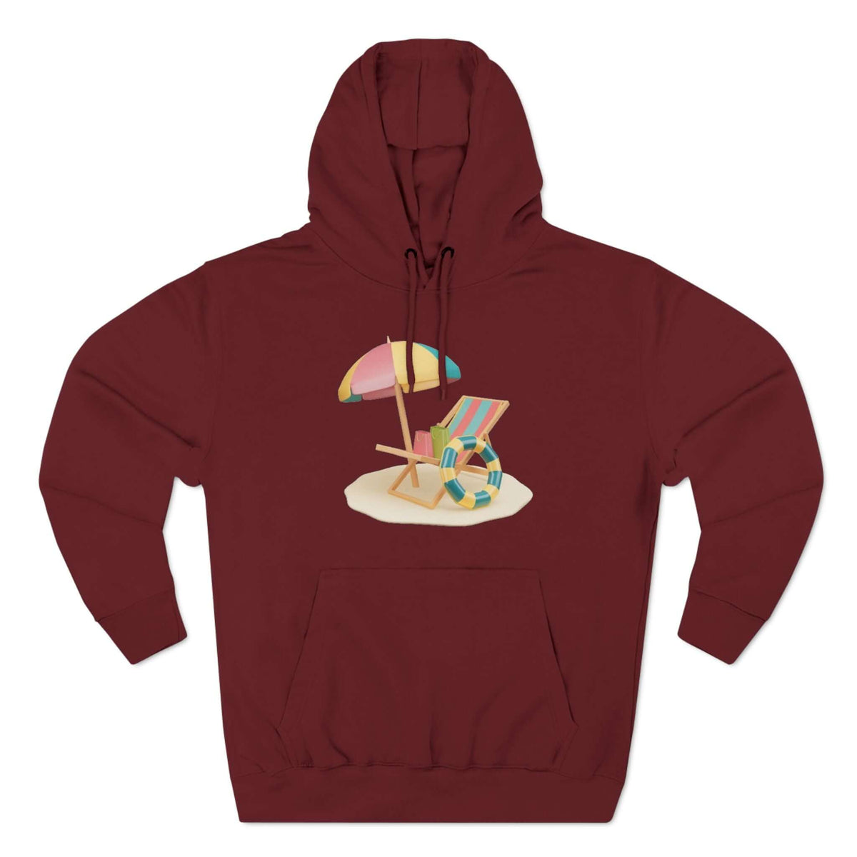 burgundy Sunny Resort Hoodie featuring a beach chair and umbrella graphic, perfect for a relaxed summer vibe.