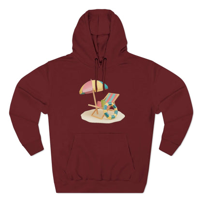 burgundy Sunny Resort Hoodie featuring a beach chair and umbrella graphic, perfect for a relaxed summer vibe.