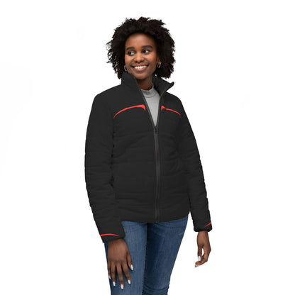 Stylish Women’s Puffer Jacket with Bold Red Accents