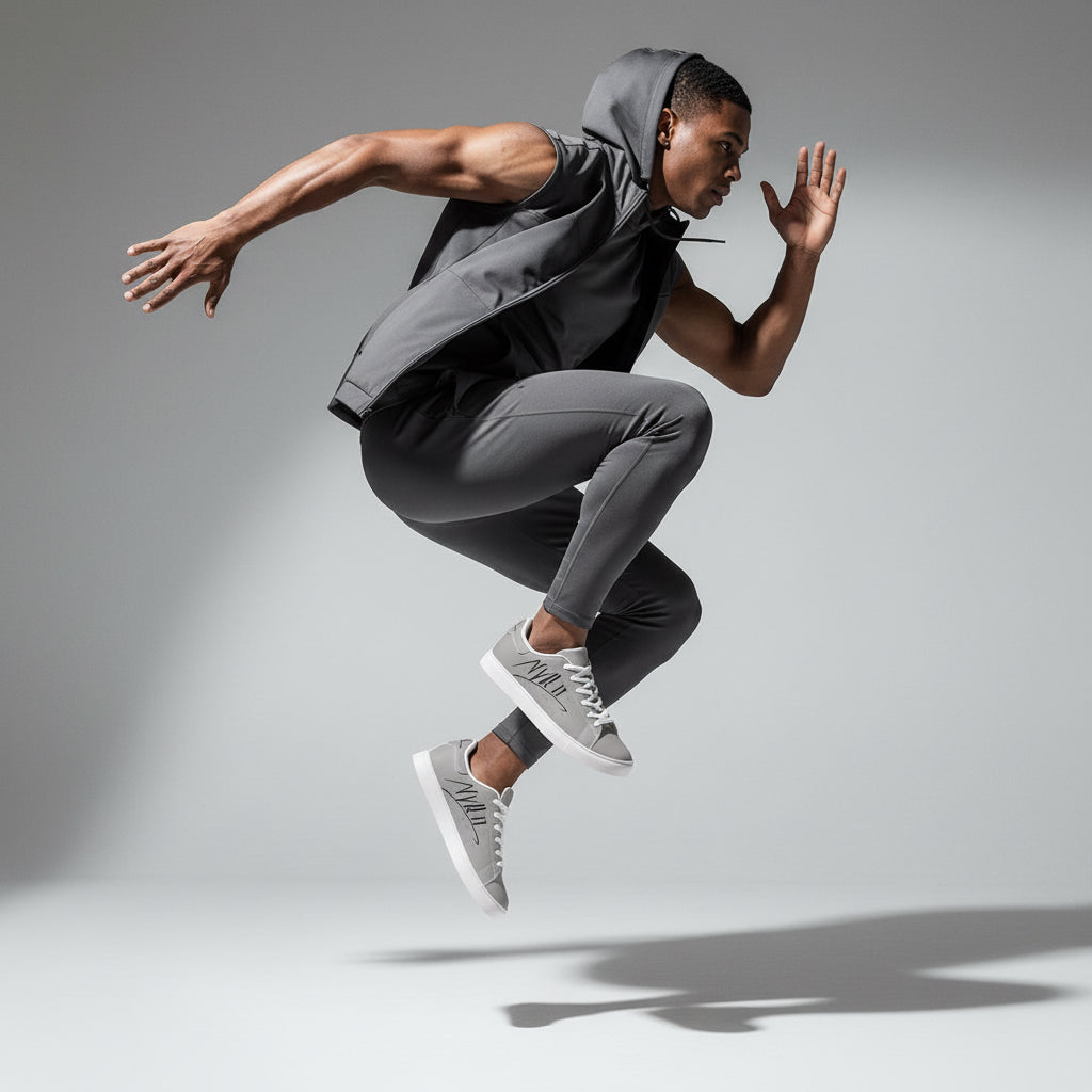 Leather Low-Top Sneakers — Minimal Gray Casual Shoes with Script Accent