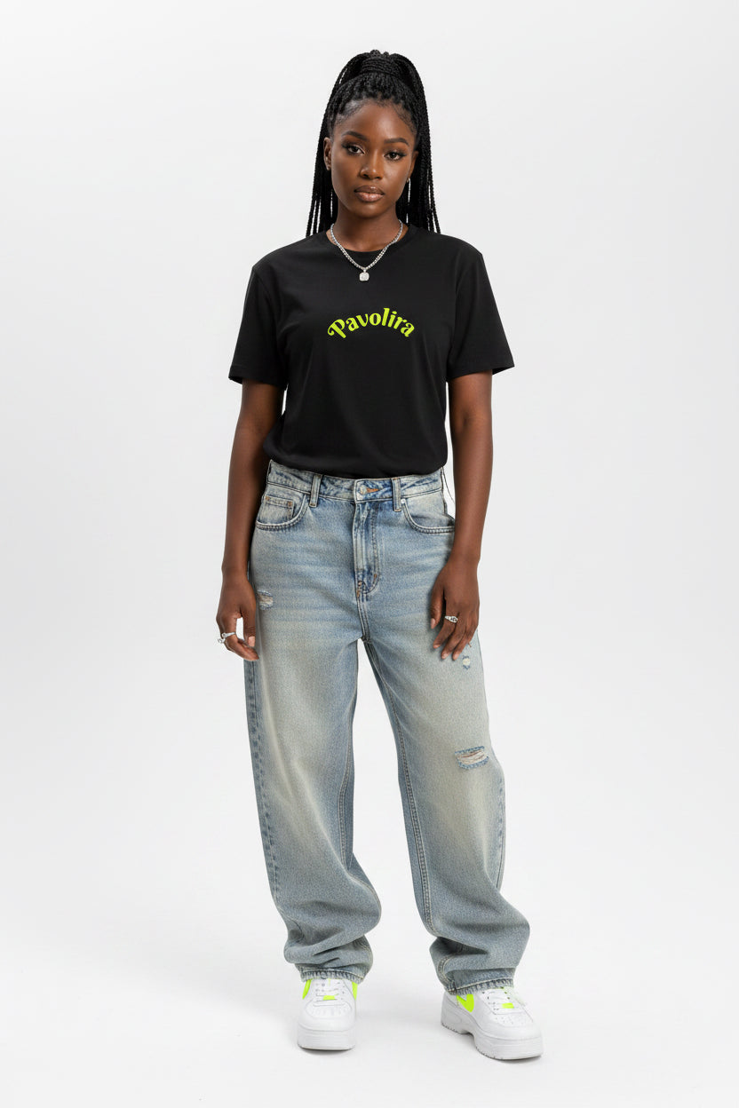 Pavolira Graphic Tee — Neon Green Retro Logo T-Shirt