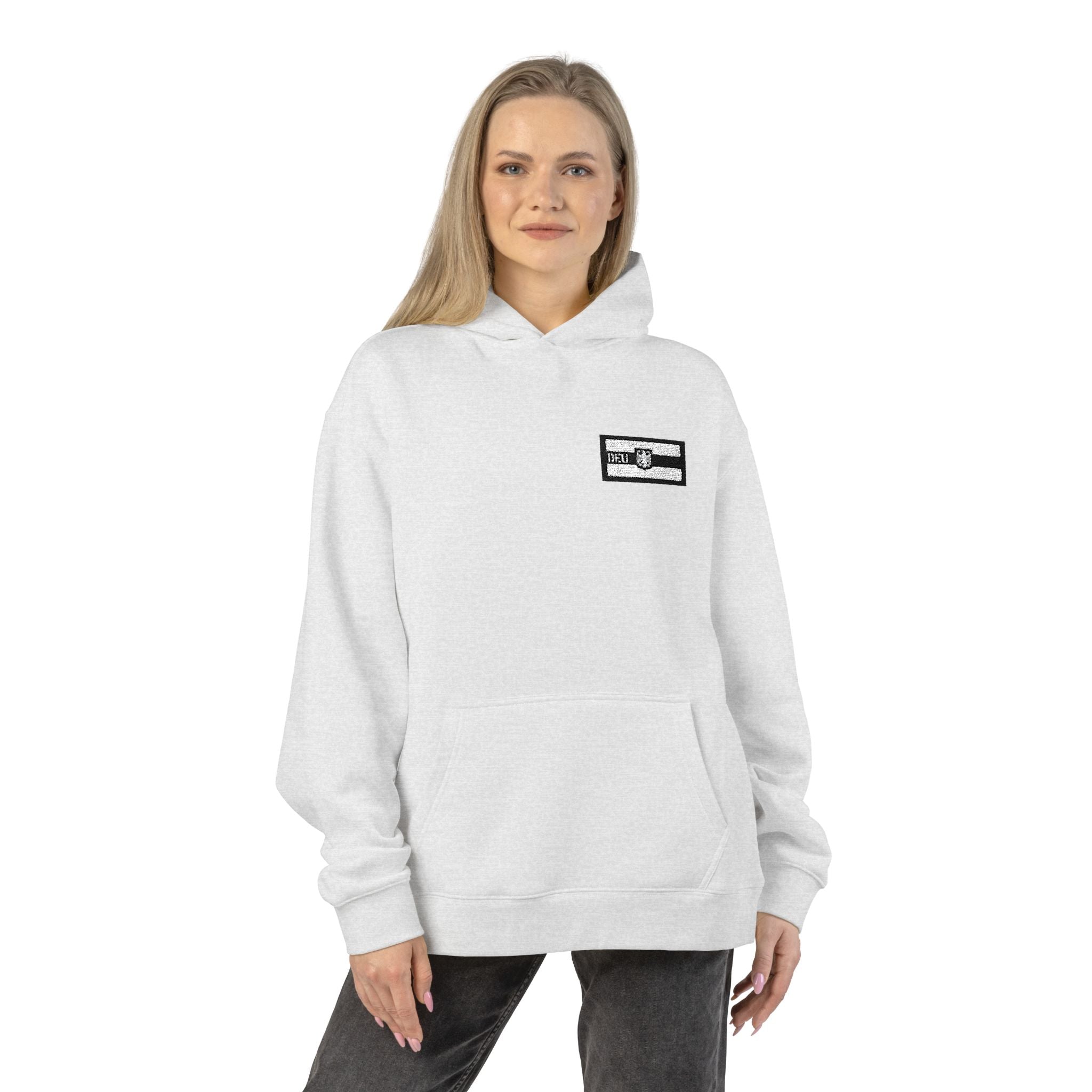 Hoodie — Minimal Black & White Flag Patch Relaxed Hoodie